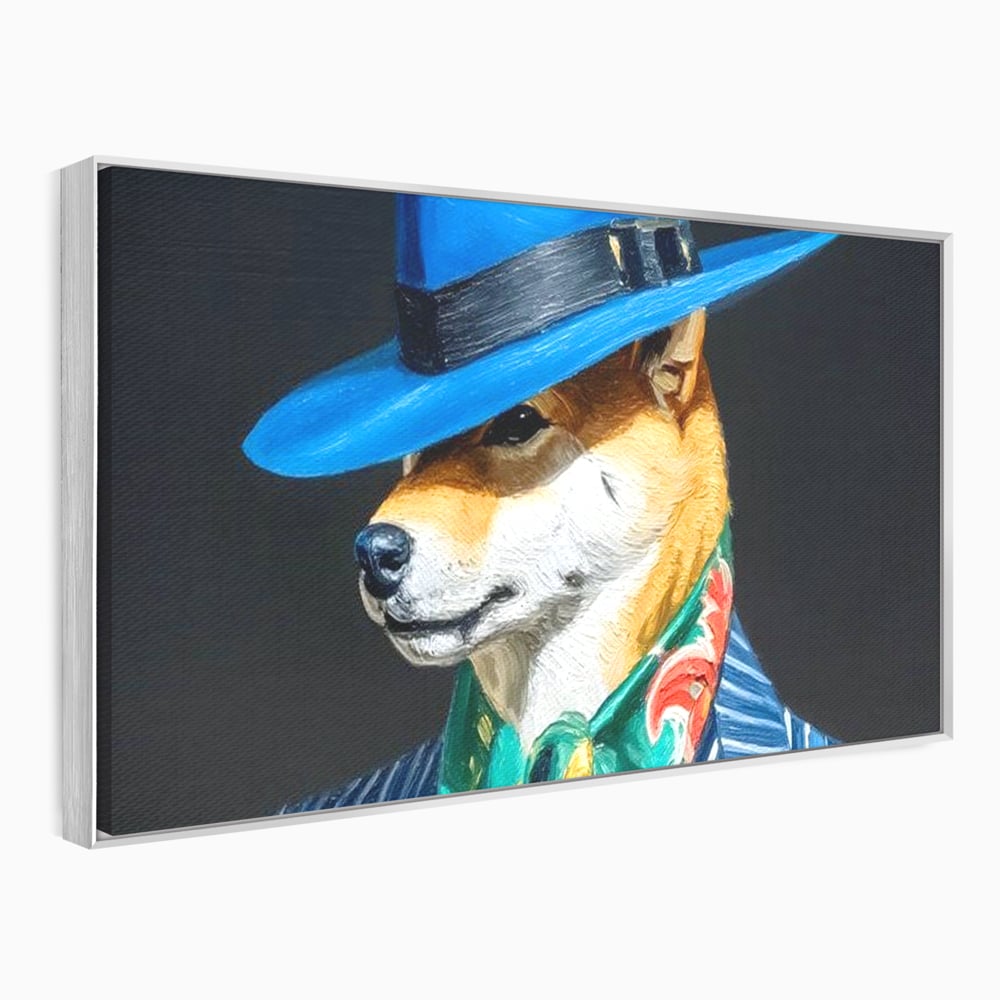 Tablou canvas cu pictura cu caine in costum si palarie, in rama de aluminiu argintiu